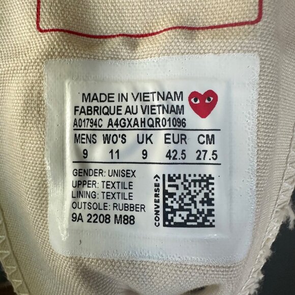 ❤️Converse Chuck All Star 70 High Comme des Garcons PLAY Sz 9 Mens Shoes A01794C - Picture 10 of 10